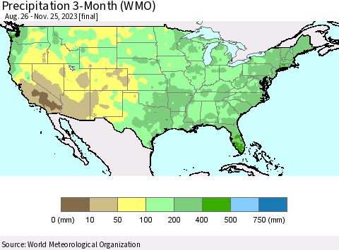 United States Precipitation 3-Month (WMO) Thematic Map For 8/26/2023 - 11/25/2023