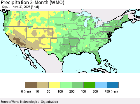 United States Precipitation 3-Month (WMO) Thematic Map For 9/1/2023 - 11/30/2023