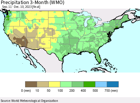 United States Precipitation 3-Month (WMO) Thematic Map For 9/11/2023 - 12/10/2023