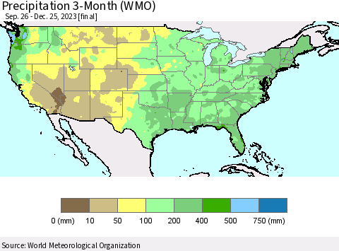 United States Precipitation 3-Month (WMO) Thematic Map For 9/26/2023 - 12/25/2023