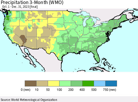 United States Precipitation 3-Month (WMO) Thematic Map For 10/1/2023 - 12/31/2023