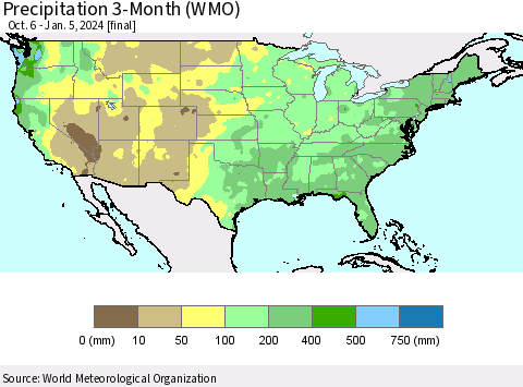 United States Precipitation 3-Month (WMO) Thematic Map For 10/6/2023 - 1/5/2024