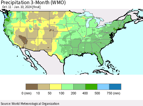 United States Precipitation 3-Month (WMO) Thematic Map For 10/11/2023 - 1/10/2024