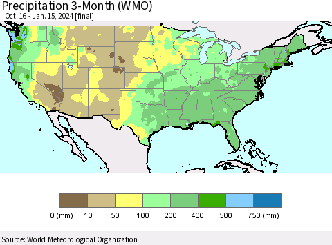 United States Precipitation 3-Month (WMO) Thematic Map For 10/16/2023 - 1/15/2024