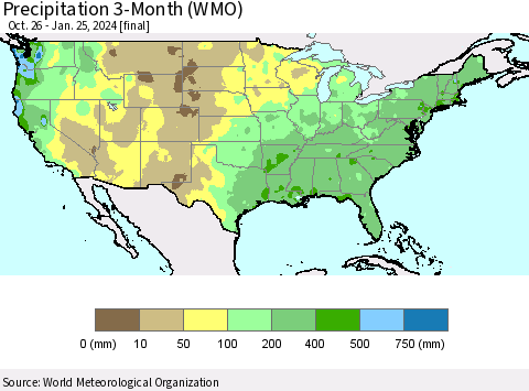 United States Precipitation 3-Month (WMO) Thematic Map For 10/26/2023 - 1/25/2024