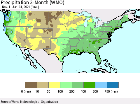 United States Precipitation 3-Month (WMO) Thematic Map For 11/1/2023 - 1/31/2024