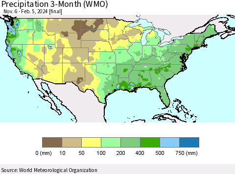 United States Precipitation 3-Month (WMO) Thematic Map For 11/6/2023 - 2/5/2024