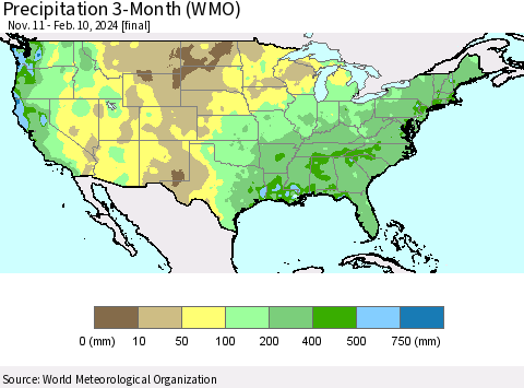 United States Precipitation 3-Month (WMO) Thematic Map For 11/11/2023 - 2/10/2024