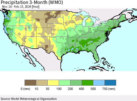 United States Precipitation 3-Month (WMO) Thematic Map For 11/16/2023 - 2/15/2024