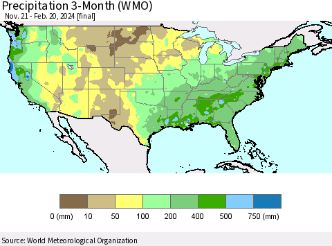 United States Precipitation 3-Month (WMO) Thematic Map For 11/21/2023 - 2/20/2024
