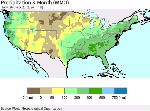 United States Precipitation 3-Month (WMO) Thematic Map For 11/26/2023 - 2/25/2024