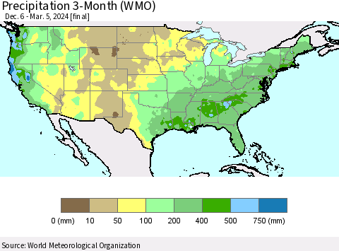 United States Precipitation 3-Month (WMO) Thematic Map For 12/6/2023 - 3/5/2024