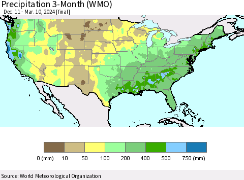 United States Precipitation 3-Month (WMO) Thematic Map For 12/11/2023 - 3/10/2024