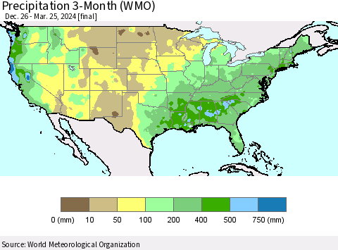 United States Precipitation 3-Month (WMO) Thematic Map For 12/26/2023 - 3/25/2024