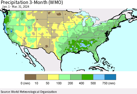 United States Precipitation 3-Month (WMO) Thematic Map For 1/1/2024 - 3/31/2024