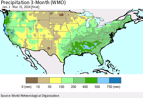 United States Precipitation 3-Month (WMO) Thematic Map For 1/1/2024 - 3/31/2024