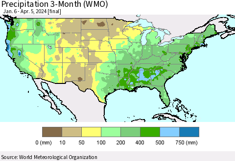 United States Precipitation 3-Month (WMO) Thematic Map For 1/6/2024 - 4/5/2024