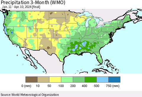 United States Precipitation 3-Month (WMO) Thematic Map For 1/11/2024 - 4/10/2024