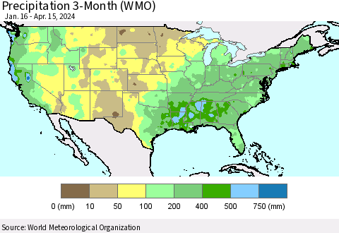 United States Precipitation 3-Month (WMO) Thematic Map For 1/16/2024 - 4/15/2024