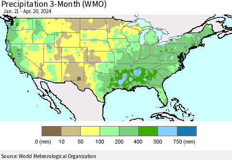United States Precipitation 3-Month (WMO) Thematic Map For 1/21/2024 - 4/20/2024