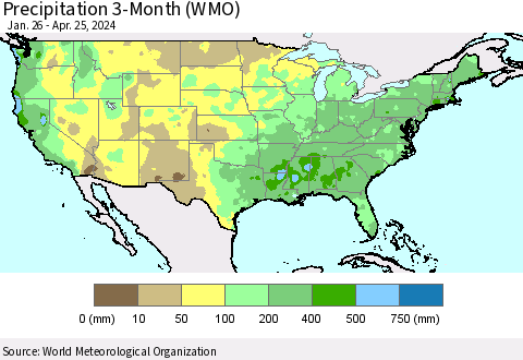 United States Precipitation 3-Month (WMO) Thematic Map For 1/26/2024 - 4/25/2024