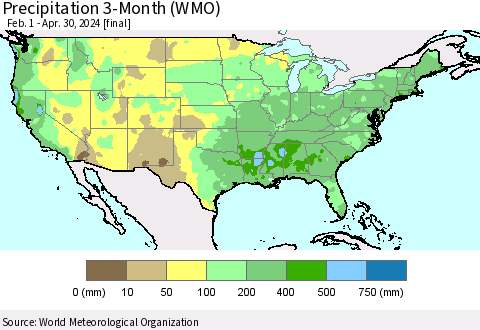 United States Precipitation 3-Month (WMO) Thematic Map For 2/1/2024 - 4/30/2024