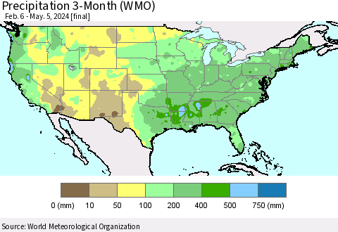 United States Precipitation 3-Month (WMO) Thematic Map For 2/6/2024 - 5/5/2024