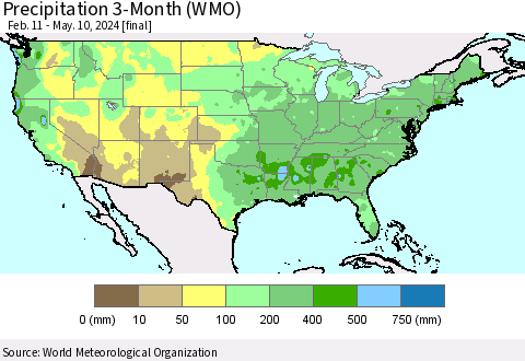United States Precipitation 3-Month (WMO) Thematic Map For 2/11/2024 - 5/10/2024