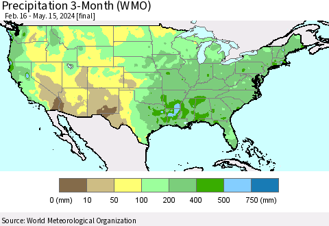 United States Precipitation 3-Month (WMO) Thematic Map For 2/16/2024 - 5/15/2024