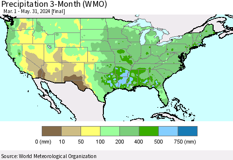United States Precipitation 3-Month (WMO) Thematic Map For 3/1/2024 - 5/31/2024