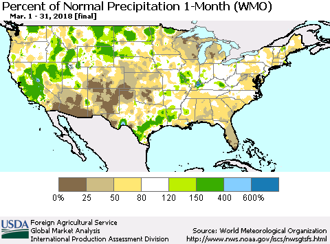 United States Percent of Normal Precipitation 1-Month (WMO) Thematic Map For 3/1/2018 - 3/31/2018