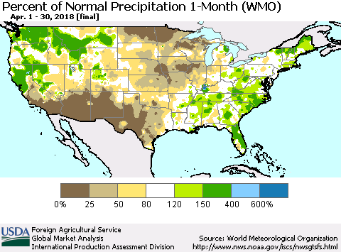 United States Percent of Normal Precipitation 1-Month (WMO) Thematic Map For 4/1/2018 - 4/30/2018