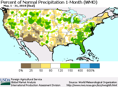 United States Percent of Normal Precipitation 1-Month (WMO) Thematic Map For 5/1/2018 - 5/31/2018