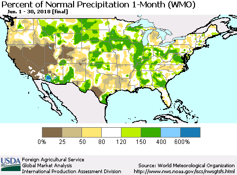United States Percent of Normal Precipitation 1-Month (WMO) Thematic Map For 6/1/2018 - 6/30/2018
