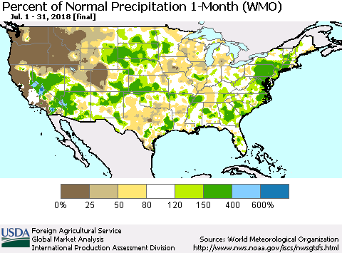United States Percent of Normal Precipitation 1-Month (WMO) Thematic Map For 7/1/2018 - 7/31/2018