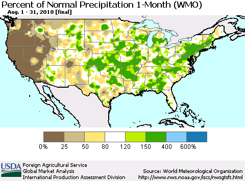 United States Percent of Normal Precipitation 1-Month (WMO) Thematic Map For 8/1/2018 - 8/31/2018