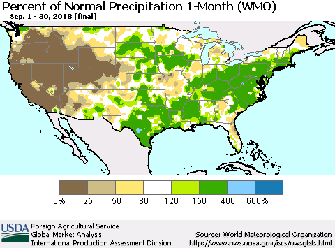 United States Percent of Normal Precipitation 1-Month (WMO) Thematic Map For 9/1/2018 - 9/30/2018