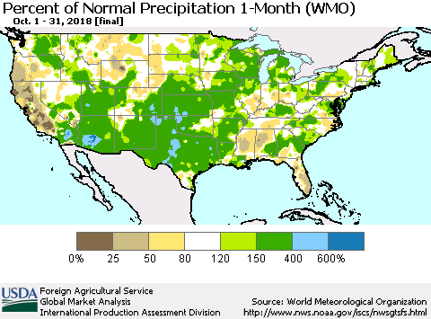 United States Percent of Normal Precipitation 1-Month (WMO) Thematic Map For 10/1/2018 - 10/31/2018