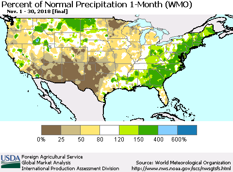 United States Percent of Normal Precipitation 1-Month (WMO) Thematic Map For 11/1/2018 - 11/30/2018