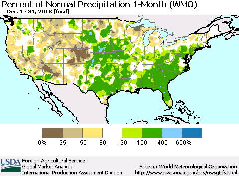 United States Percent of Normal Precipitation 1-Month (WMO) Thematic Map For 12/1/2018 - 12/31/2018