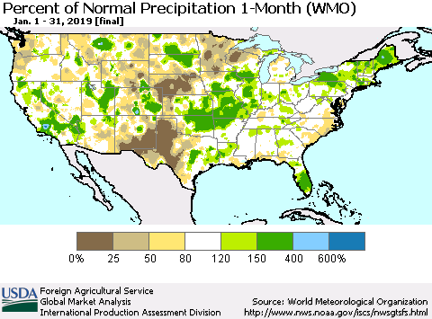 United States Percent of Normal Precipitation 1-Month (WMO) Thematic Map For 1/1/2019 - 1/31/2019
