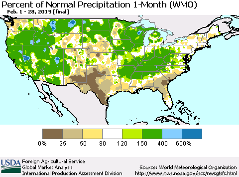 United States Percent of Normal Precipitation 1-Month (WMO) Thematic Map For 2/1/2019 - 2/28/2019