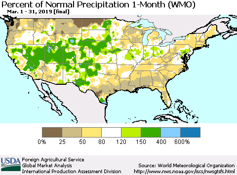 United States Percent of Normal Precipitation 1-Month (WMO) Thematic Map For 3/1/2019 - 3/31/2019