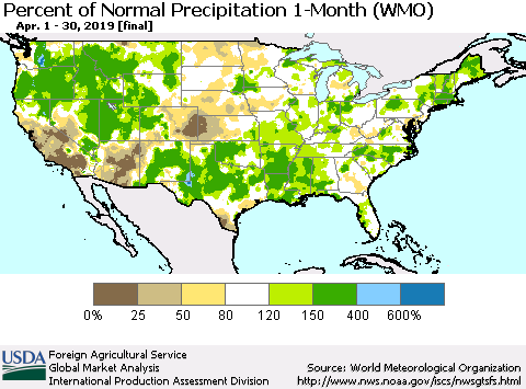 United States Percent of Normal Precipitation 1-Month (WMO) Thematic Map For 4/1/2019 - 4/30/2019