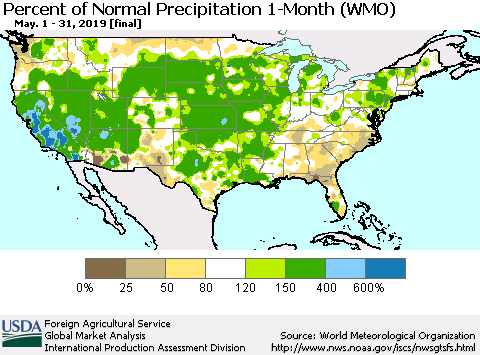 United States Percent of Normal Precipitation 1-Month (WMO) Thematic Map For 5/1/2019 - 5/31/2019