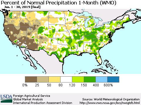 United States Percent of Normal Precipitation 1-Month (WMO) Thematic Map For 6/1/2019 - 6/30/2019