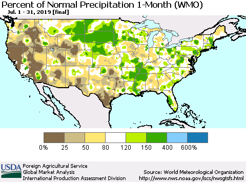 United States Percent of Normal Precipitation 1-Month (WMO) Thematic Map For 7/1/2019 - 7/31/2019