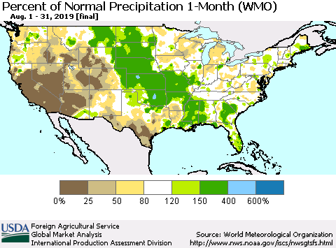 United States Percent of Normal Precipitation 1-Month (WMO) Thematic Map For 8/1/2019 - 8/31/2019
