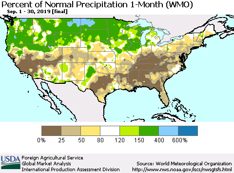 United States Percent of Normal Precipitation 1-Month (WMO) Thematic Map For 9/1/2019 - 9/30/2019