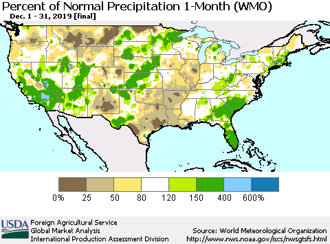 United States Percent of Normal Precipitation 1-Month (WMO) Thematic Map For 12/1/2019 - 12/31/2019